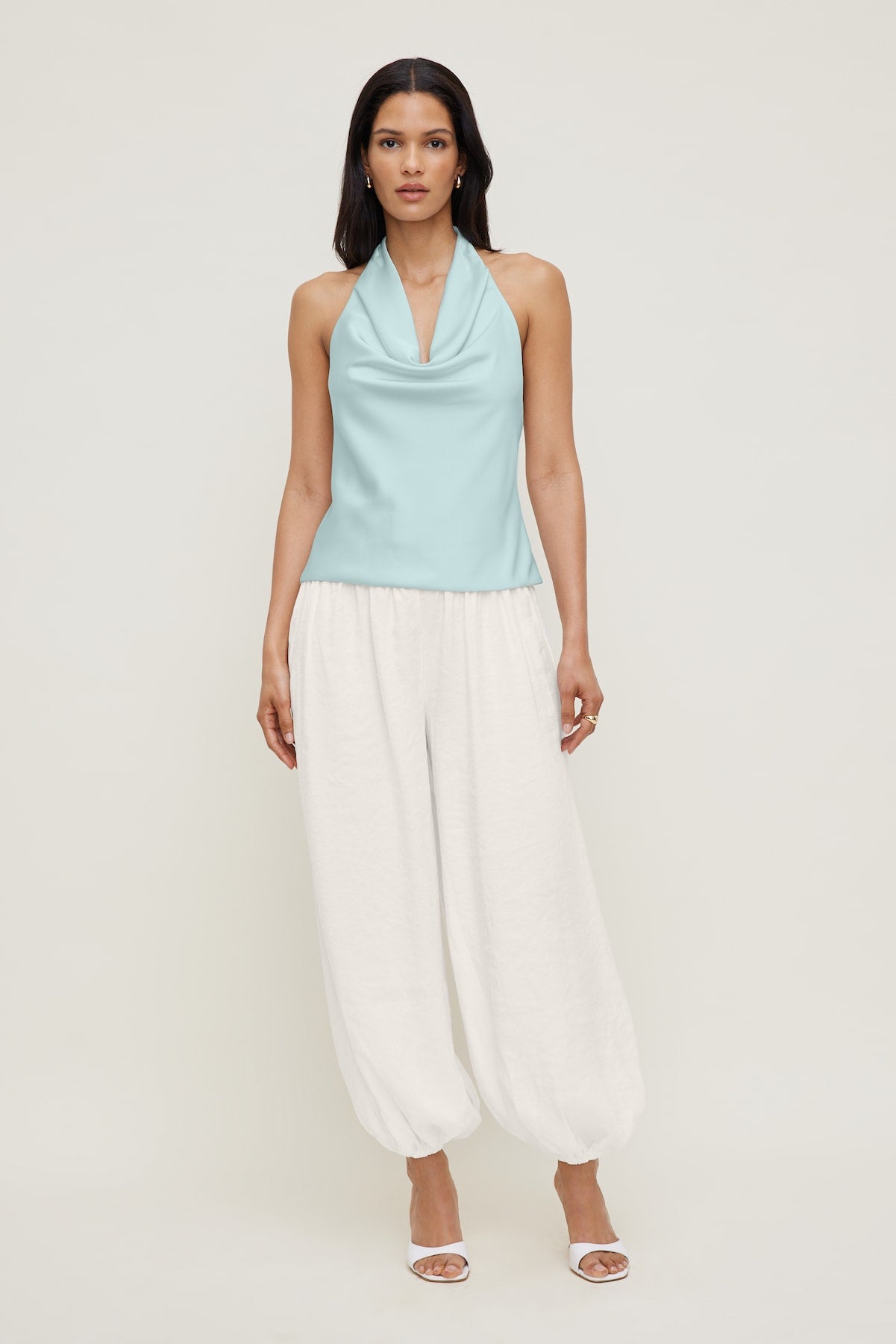 Camila Satin Cowl Halter Neck Blouse Blue - Dynamite