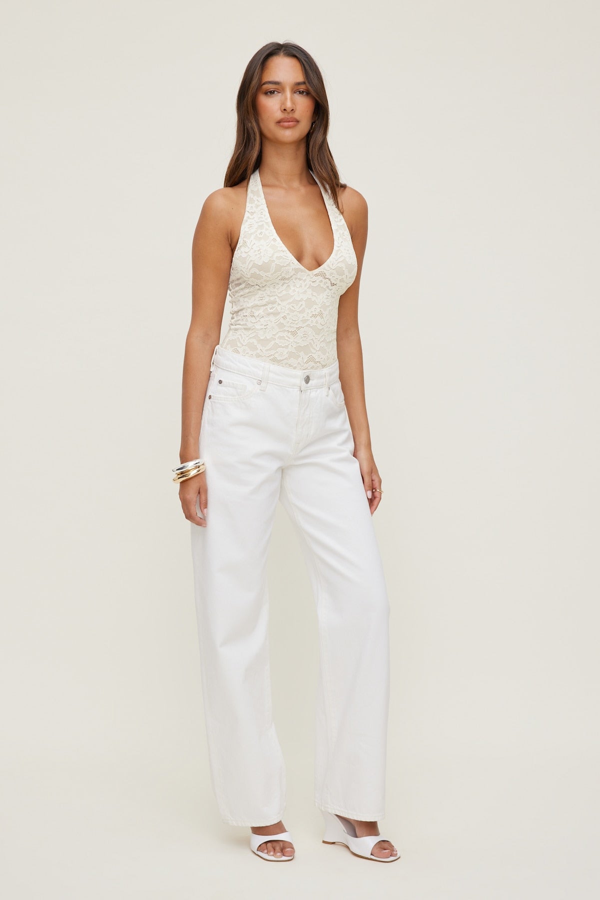 Lace Plunge Bodysuit Beige - Dynamite