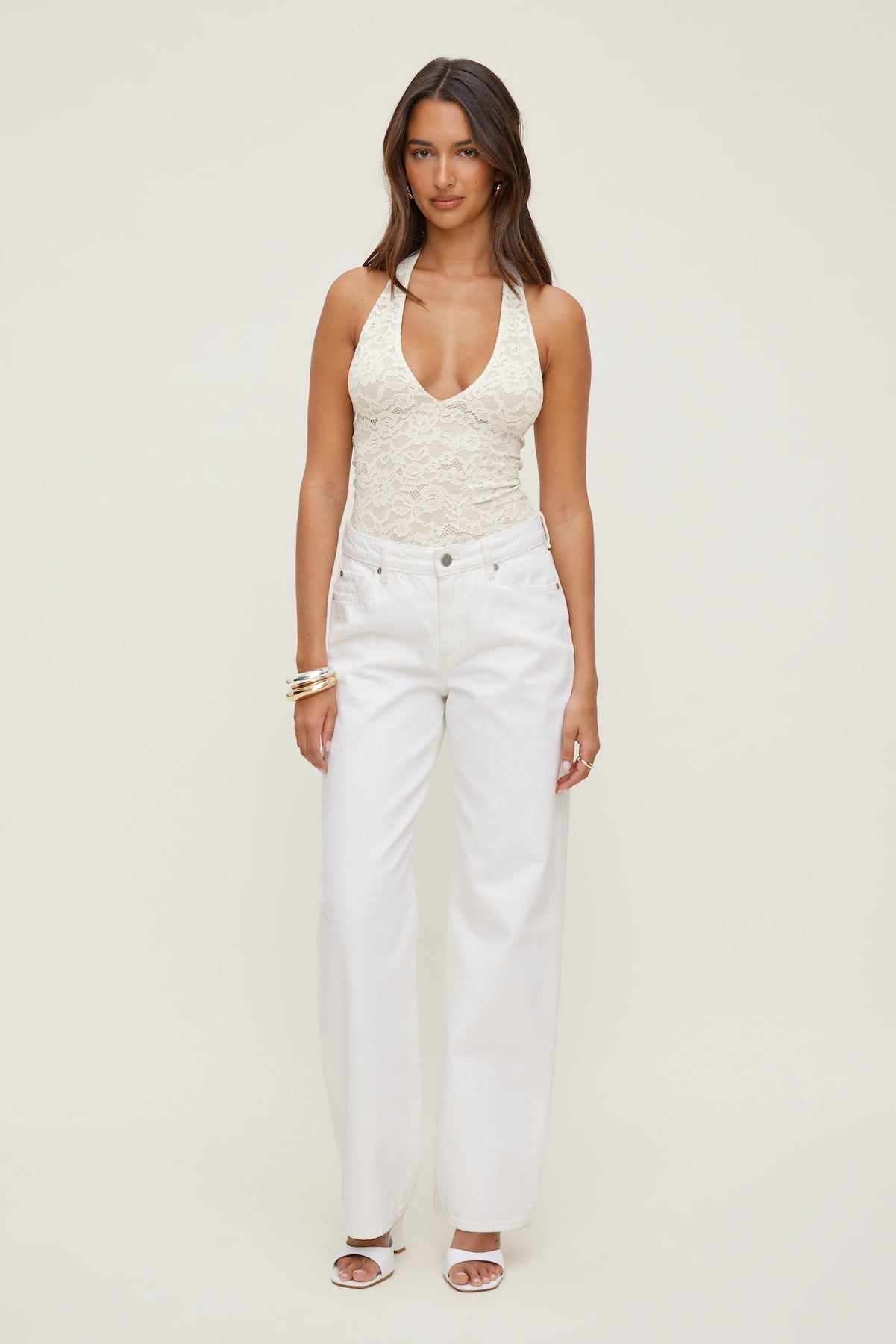Lace Plunge Bodysuit Beige - Dynamite