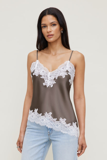 Cassie Asymmetric Lace Satin Cami Brown - Dynamite