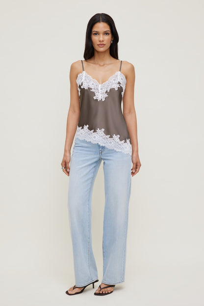 Cassie Asymmetric Lace Satin Cami Brown - Dynamite