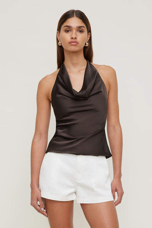 Camila Satin Cowl Halter Neck Blouse Brown - Dynamite