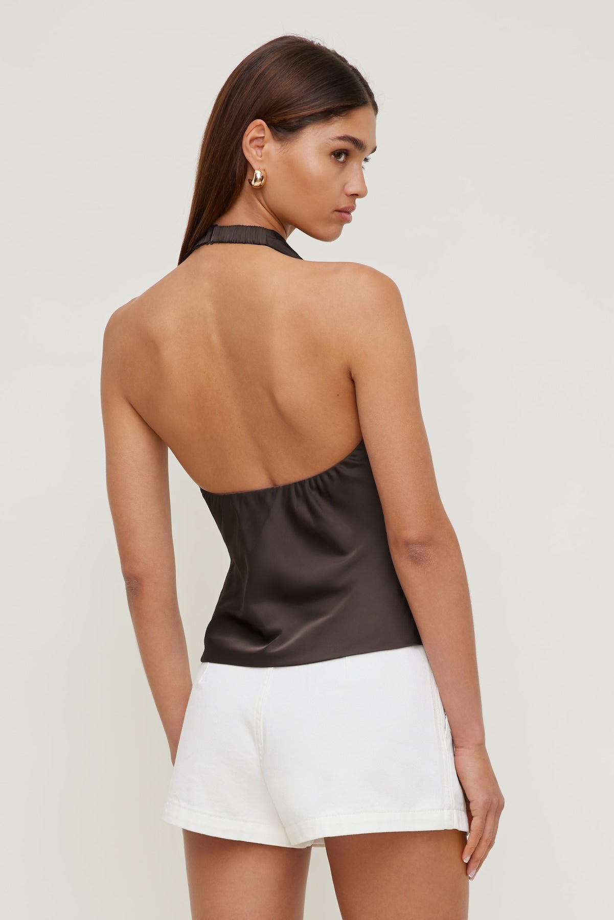 Camila Satin Cowl Halter Neck Blouse Brown - Dynamite