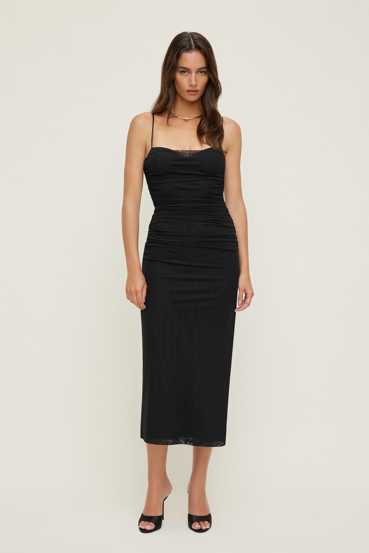 Ruched Mesh Midi Dress Black - Dynamite
