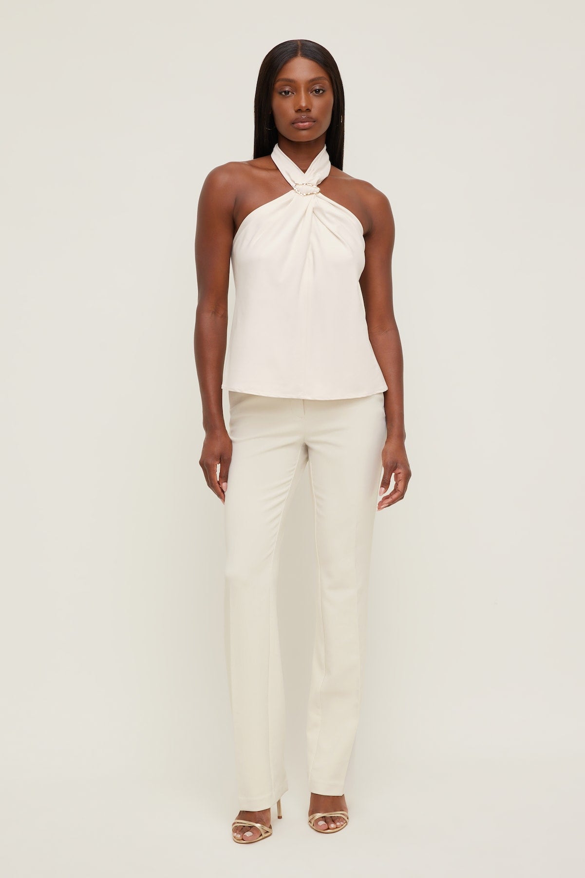 High Rise Slim Straight Leg Pants Beige - Dynamite