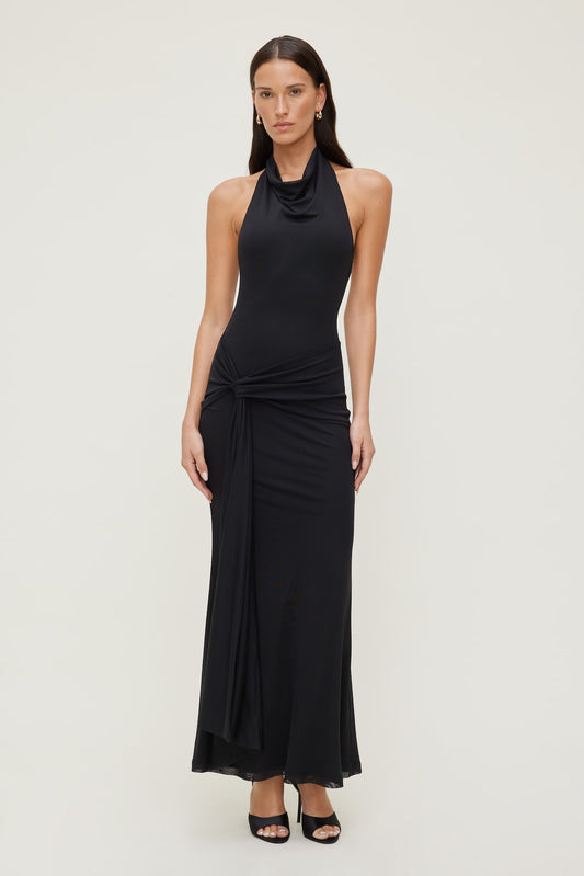 Scarlet Draped Mesh Maxi Dress Black - Dynamite