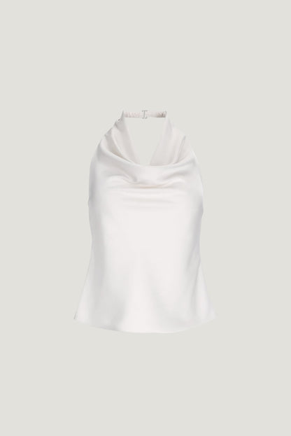Camila Satin Cowl Halter Neck Blouse Beige - Dynamite