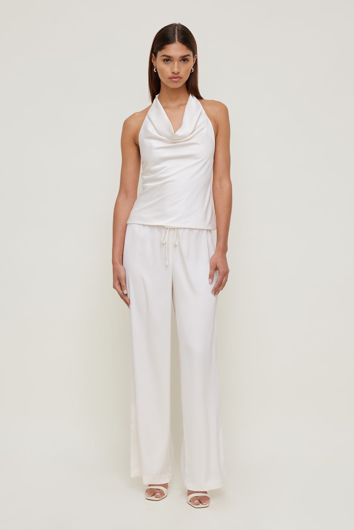 Camila Satin Cowl Halter Neck Blouse Beige - Dynamite