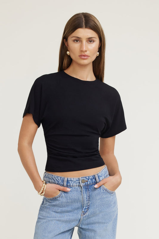 Andrea Shirred Jersey T Shirt Black - Dynamite