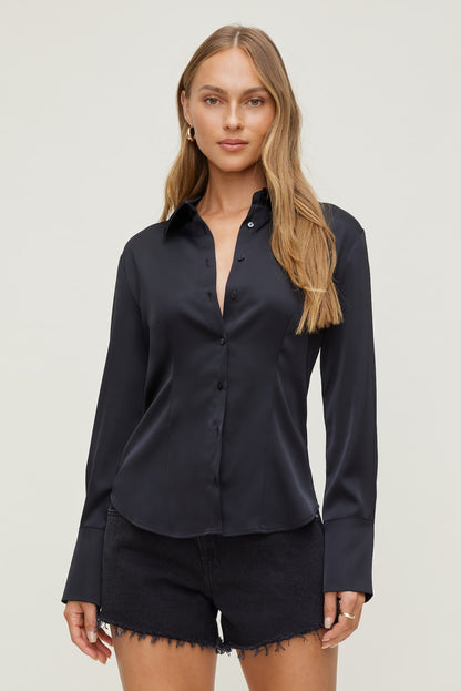 Eva Cinched Satin Shirt Black - Dynamite