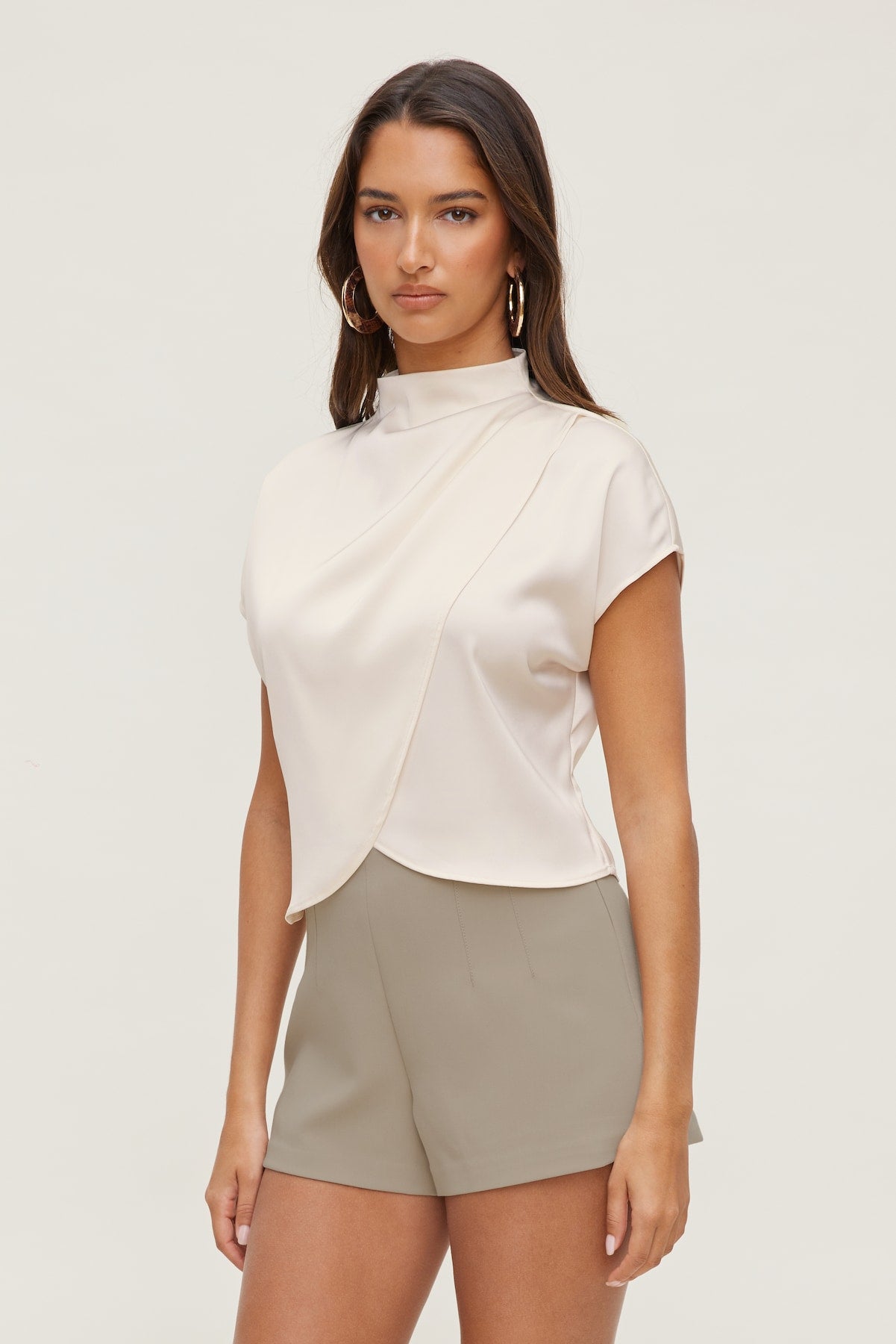 Ella Layered Satin Blouse Beige - Dynamite
