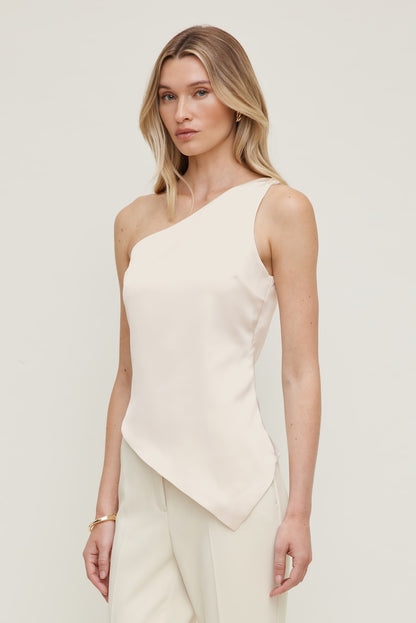 Single Shoulder Satin Top Beige - Dynamite