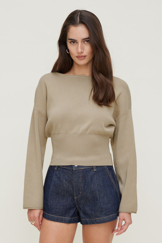Cinched Boat Neck Sweater BEIGE - Dynamite
