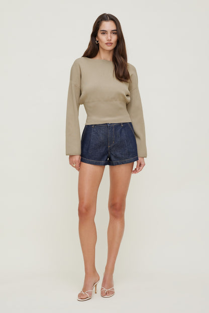 Cinched Boat Neck Sweater BEIGE - Dynamite