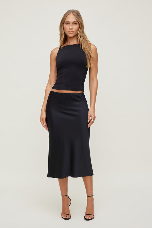 Delila Satin Midi Skirt Black - Dynamite
