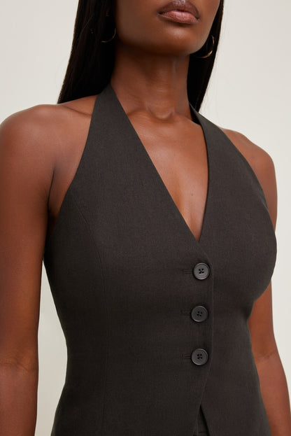 Linen Halter Vest Brown - Dynamite