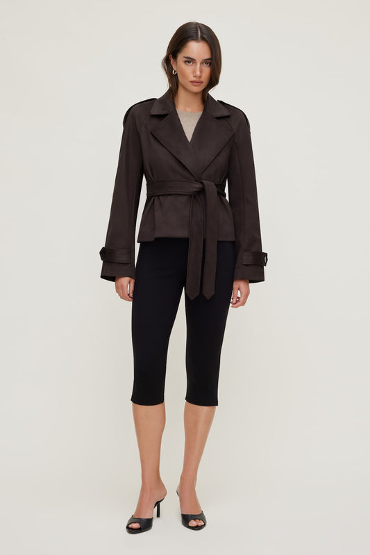 Cropped Faux Suede Trench Coat Brown - Dynamite