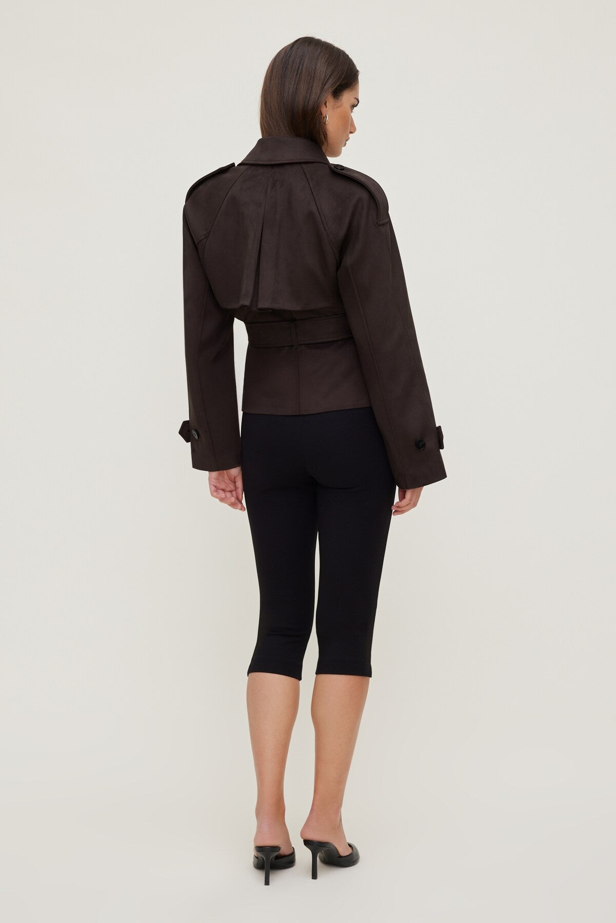 Cropped Faux Suede Trench Coat Brown - Dynamite