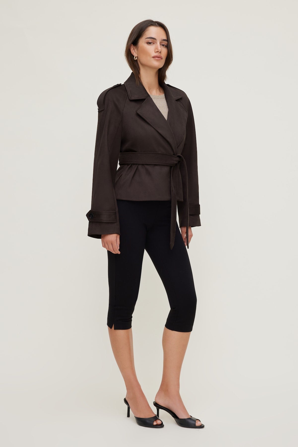 Cropped Faux Suede Trench Coat Brown - Dynamite