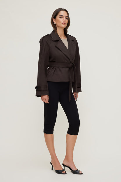 Cropped Faux Suede Trench Coat Brown - Dynamite