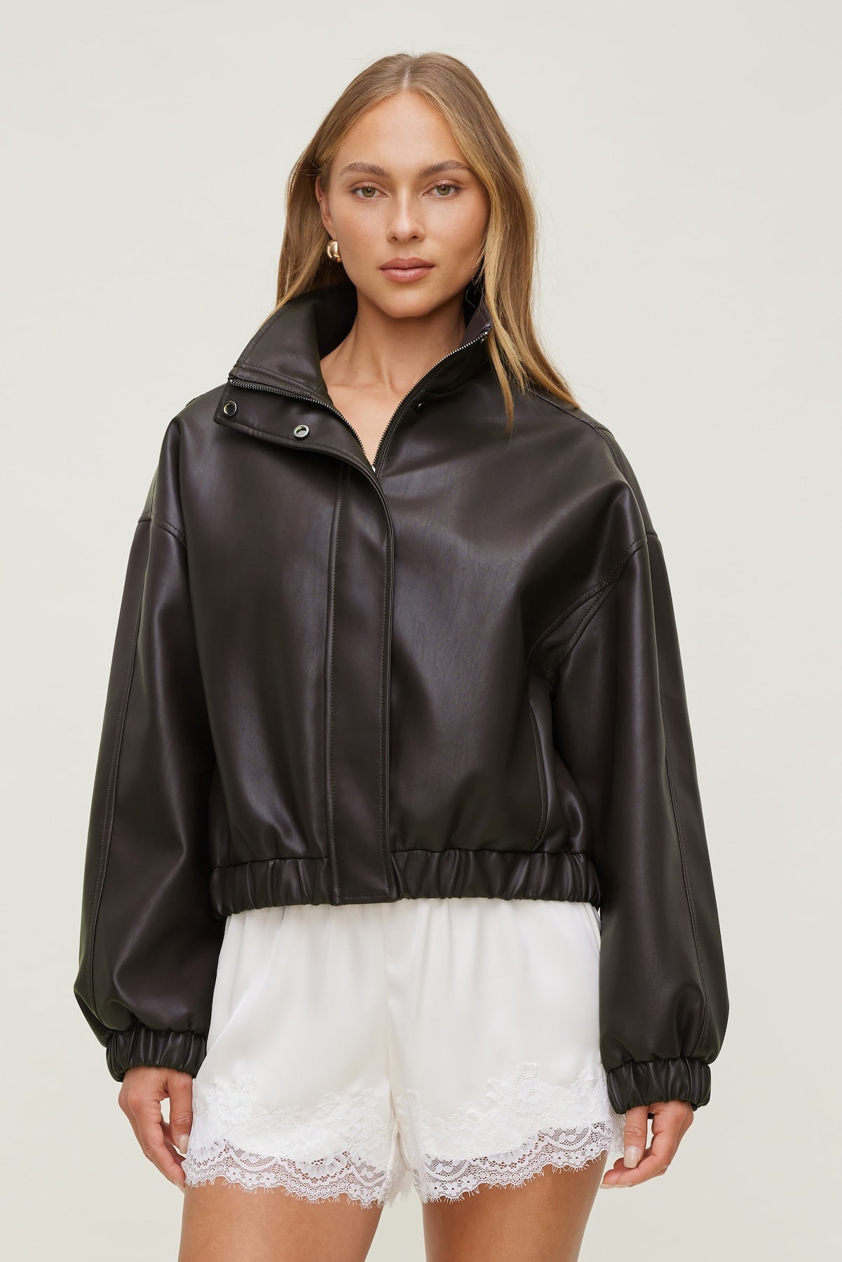 Oversized Faux Leather Bomber Jacket Brown - Dynamite