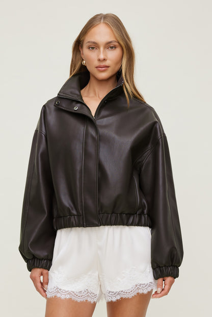 Oversized Faux Leather Bomber Jacket Brown - Dynamite
