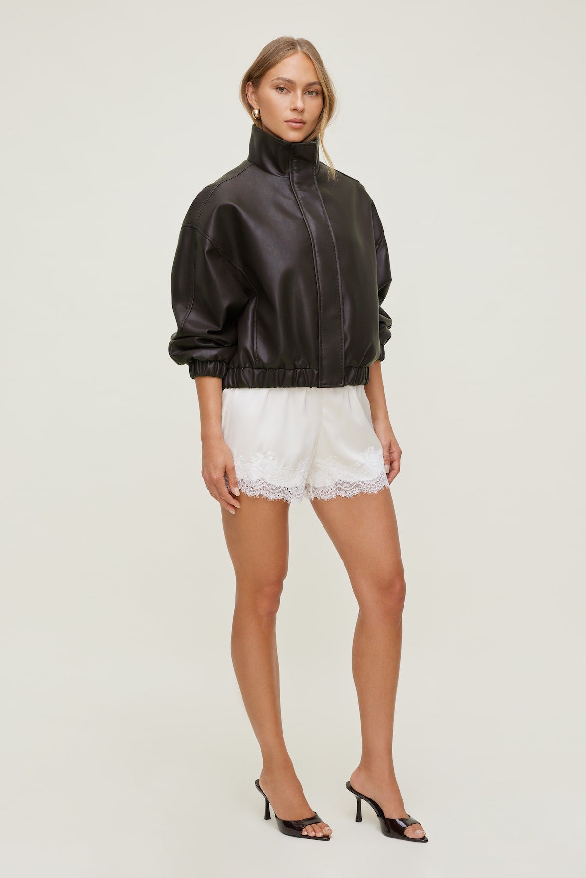 Oversized Faux Leather Bomber Jacket Brown - Dynamite