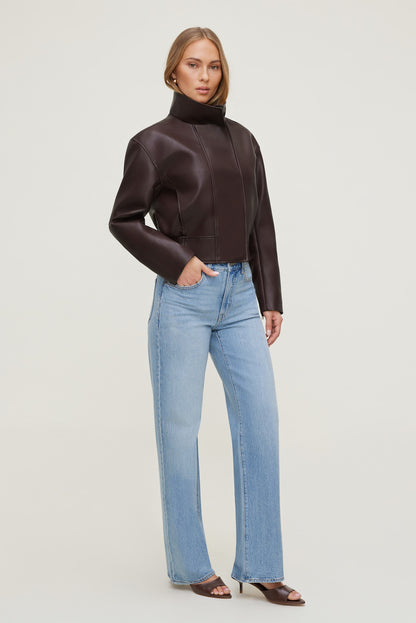Cropped Faux Leather Bomber Jacket Purple - Dynamite