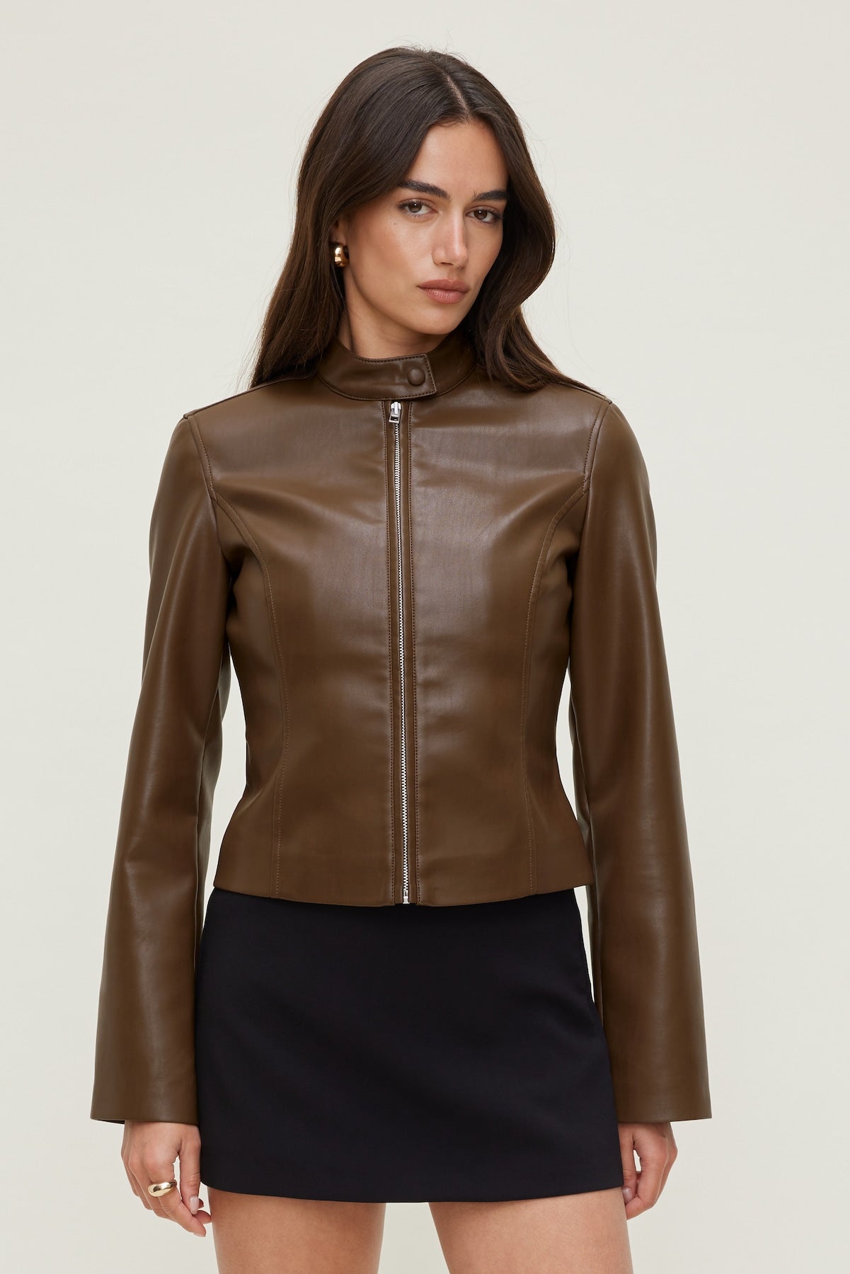 Slim Fit Faux Leather Moto Jacket Brown - Dynamite