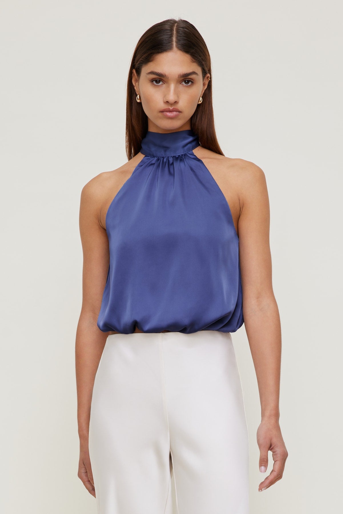 Paloma Bubble Satin Halter Blouse Blue - Dynamite