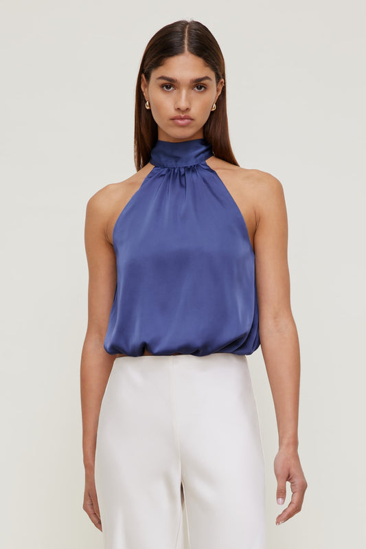 Paloma Bubble Satin Halter Blouse Blue - Dynamite