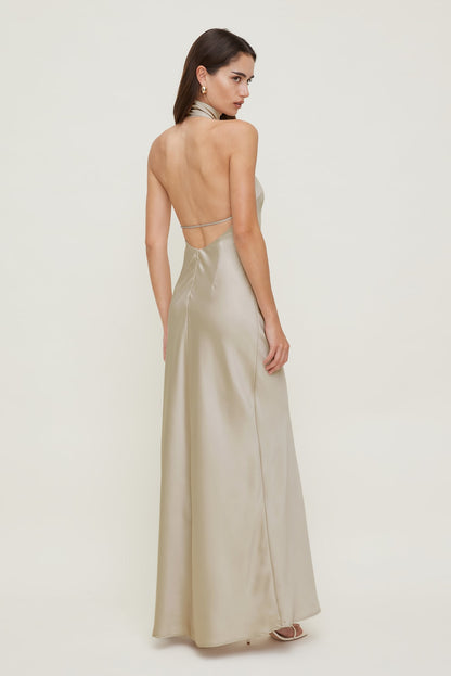 Satin Halter Maxi Dress Beige - Dynamite
