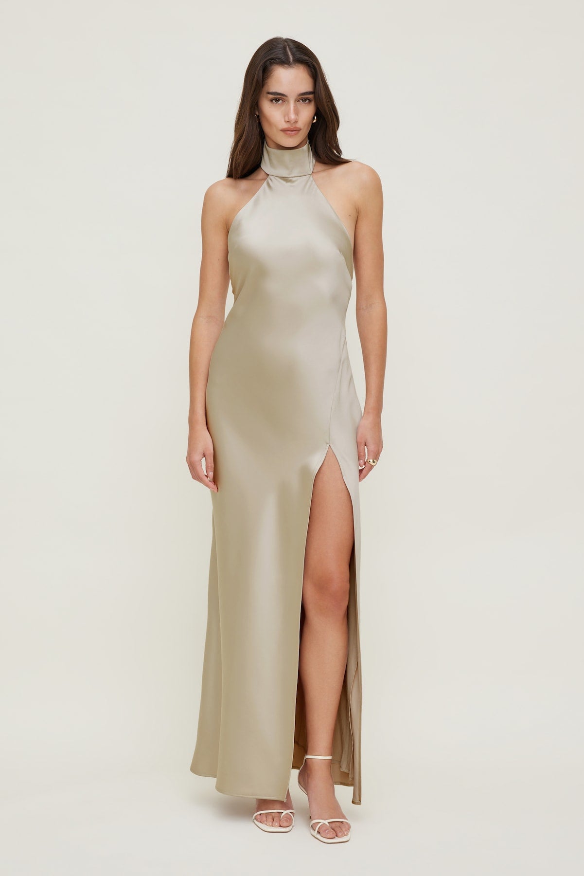 Satin Halter Maxi Dress Beige - Dynamite
