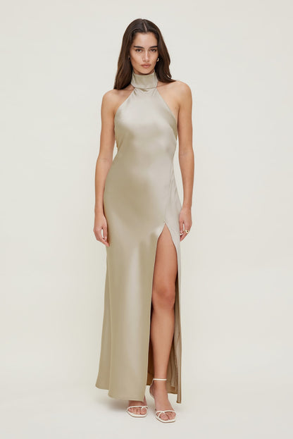 Satin Halter Maxi Dress Beige - Dynamite