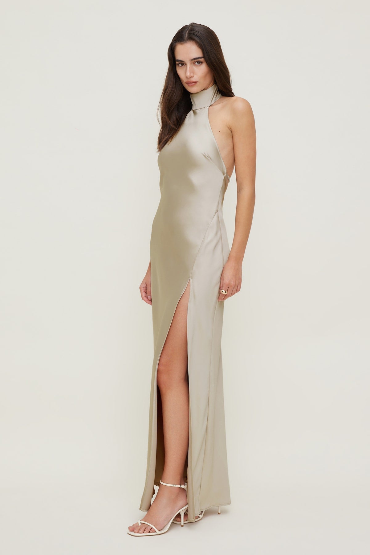 Satin Halter Maxi Dress Beige - Dynamite