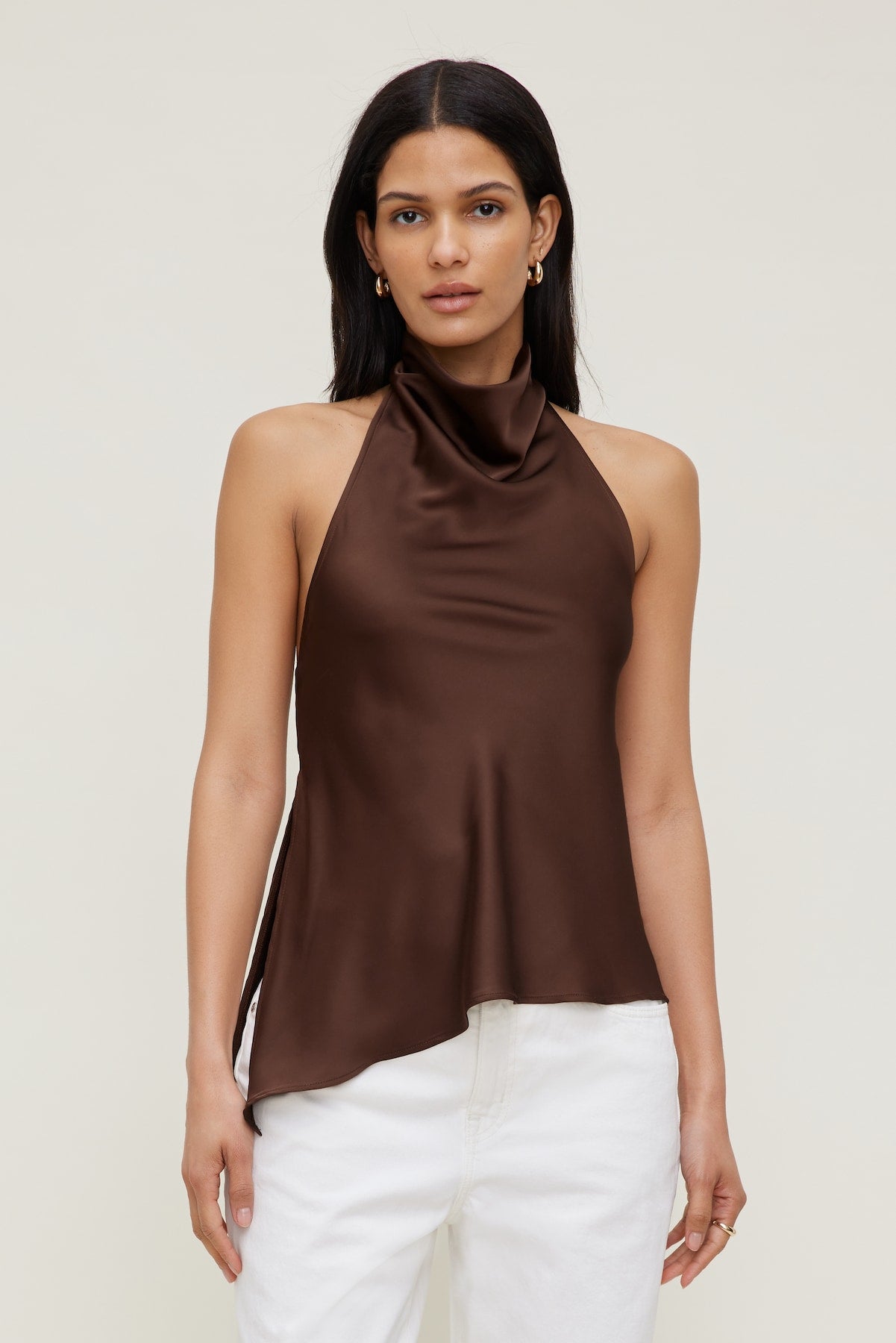 Asymmetric Satin Halter Blouse Brown - Dynamite