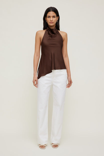 Asymmetric Satin Halter Blouse Brown - Dynamite