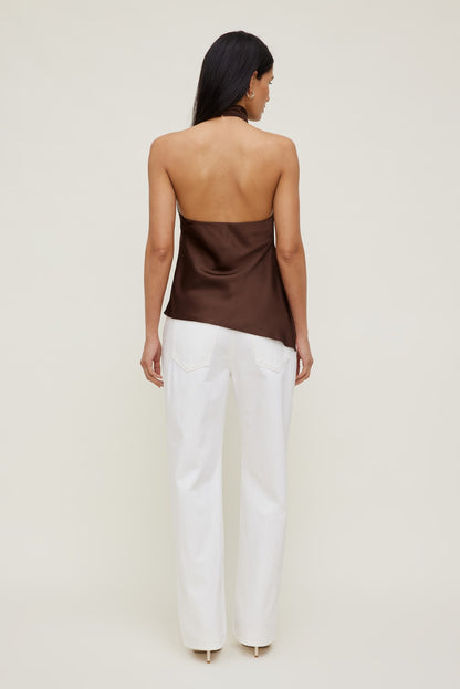 Asymmetric Satin Halter Blouse Brown - Dynamite