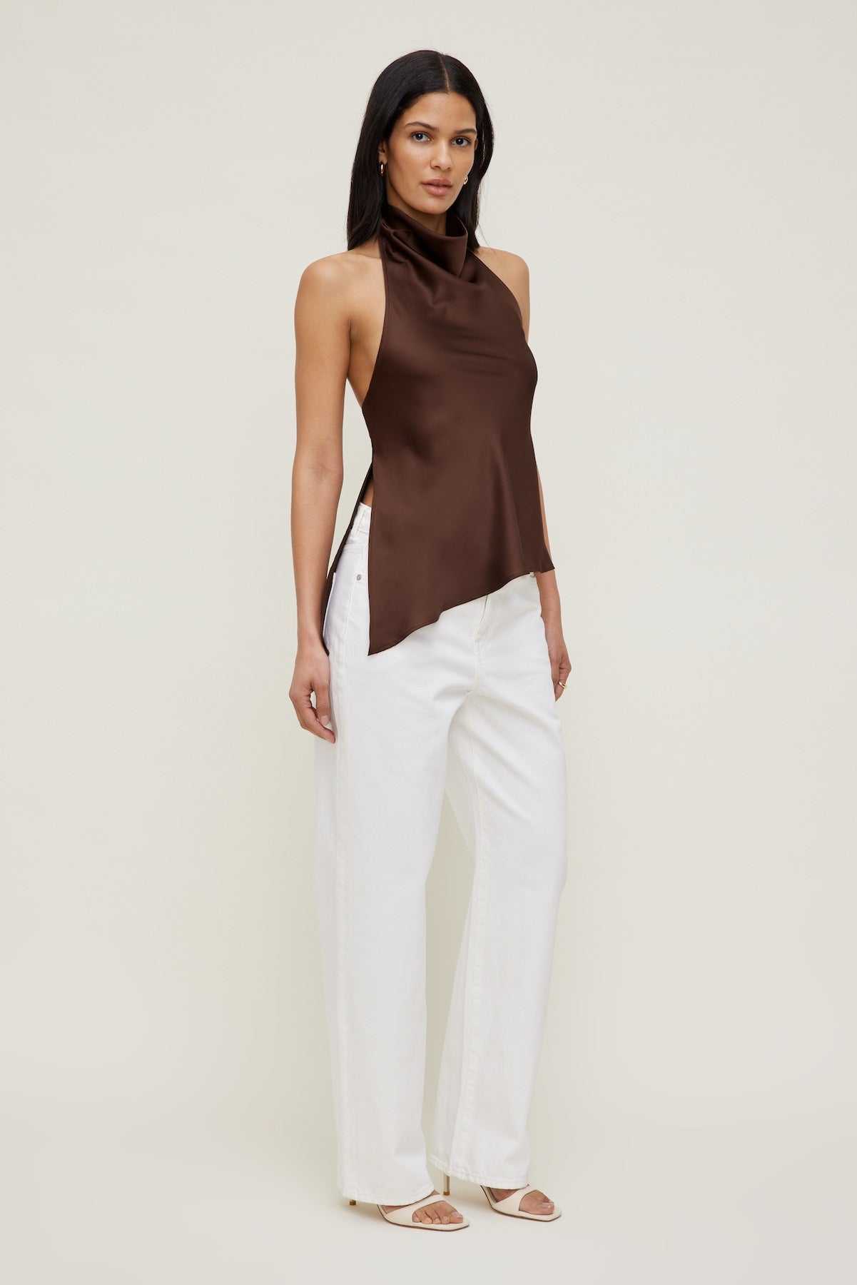 Asymmetric Satin Halter Blouse Brown - Dynamite