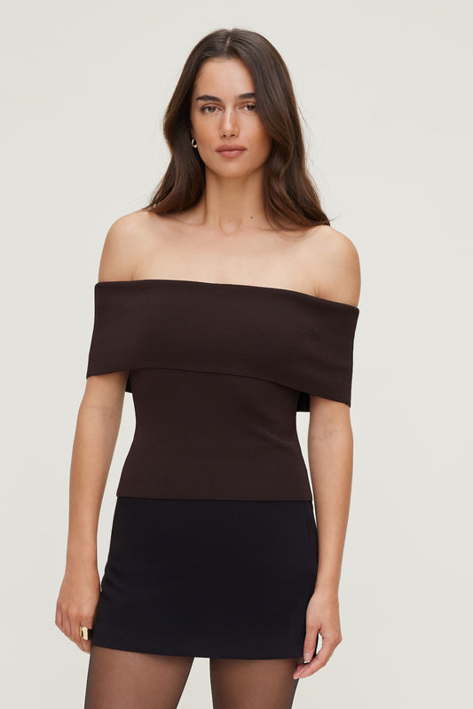 Rib Knit Off Shoulder Sweater Brown - Dynamite