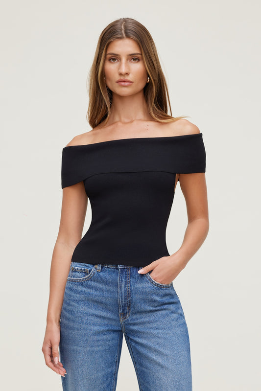 Rib Knit Off Shoulder Sweater Black - Dynamite