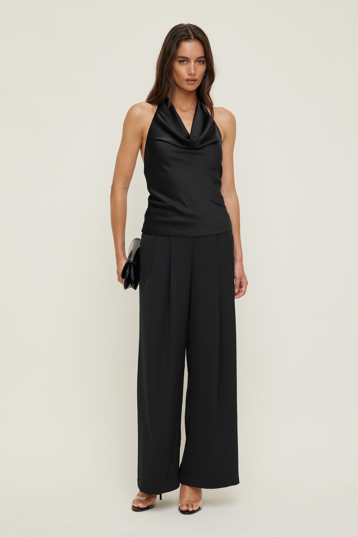 Camila Satin Cowl Halter Neck Blouse Black - Dynamite