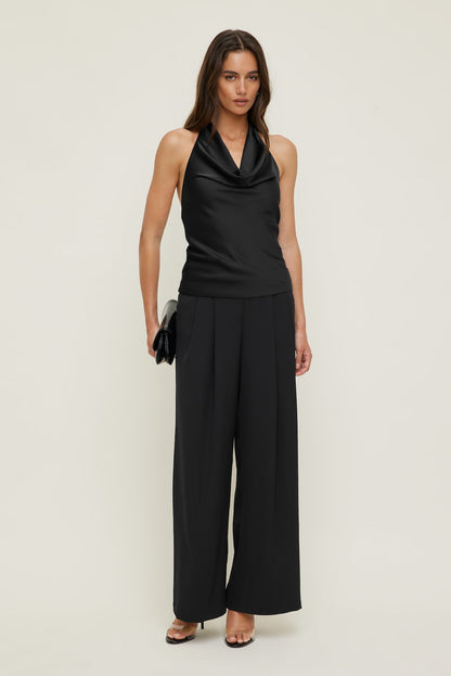 Camila Satin Cowl Halter Neck Blouse Black - Dynamite