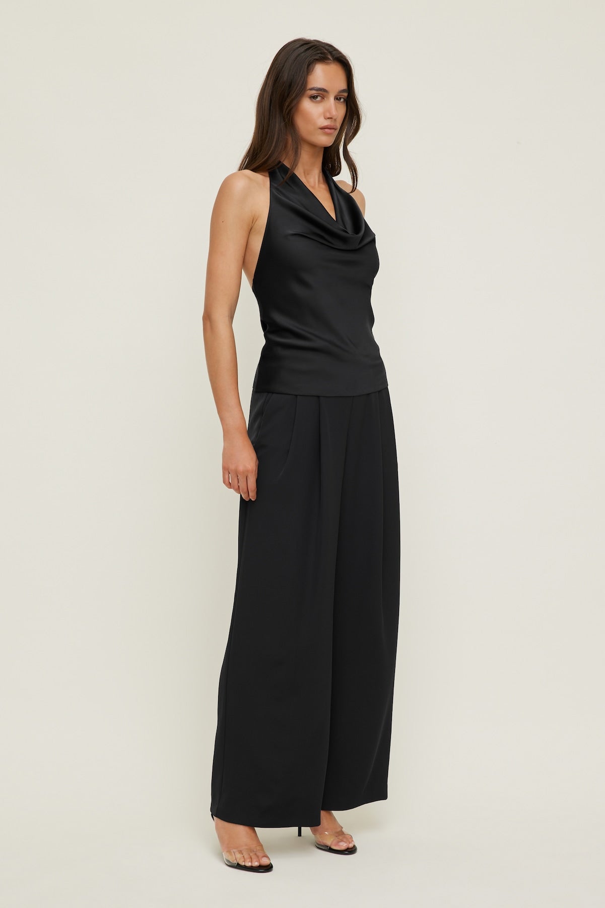 Camila Satin Cowl Halter Neck Blouse Black - Dynamite