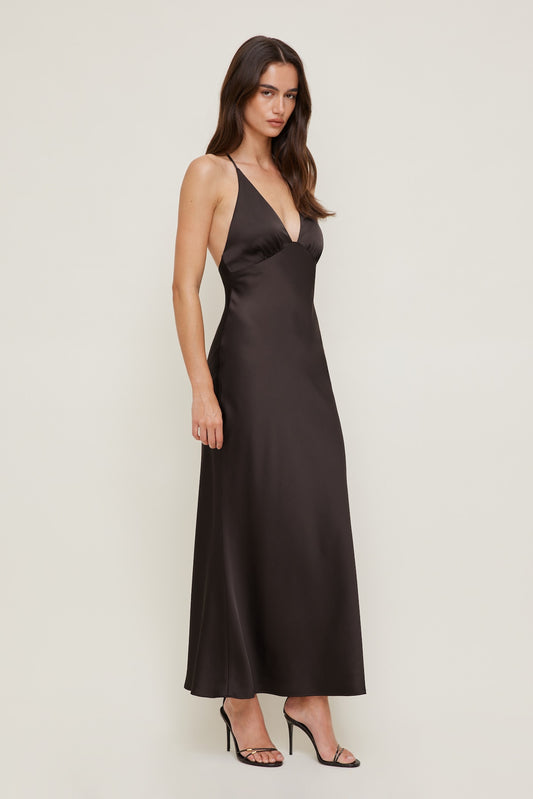 Livia Satin Midi Dress Brown - Dynamite