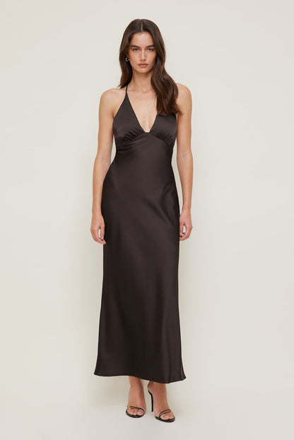 Livia Satin Midi Dress Brown - Dynamite