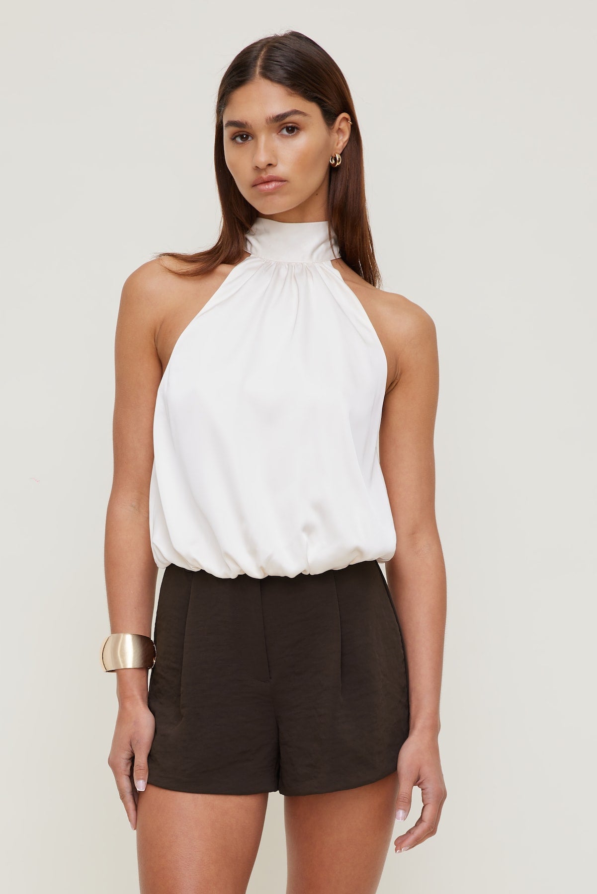 Paloma Bubble Satin Halter Blouse Beige - Dynamite