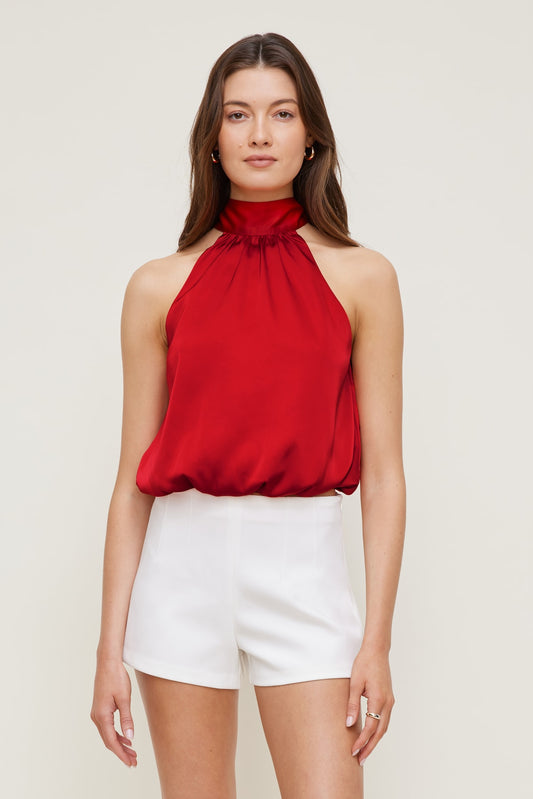 Paloma Bubble Satin Halter Blouse Red - Dynamite