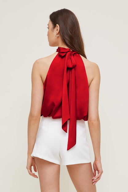 Paloma Bubble Satin Halter Blouse Red - Dynamite