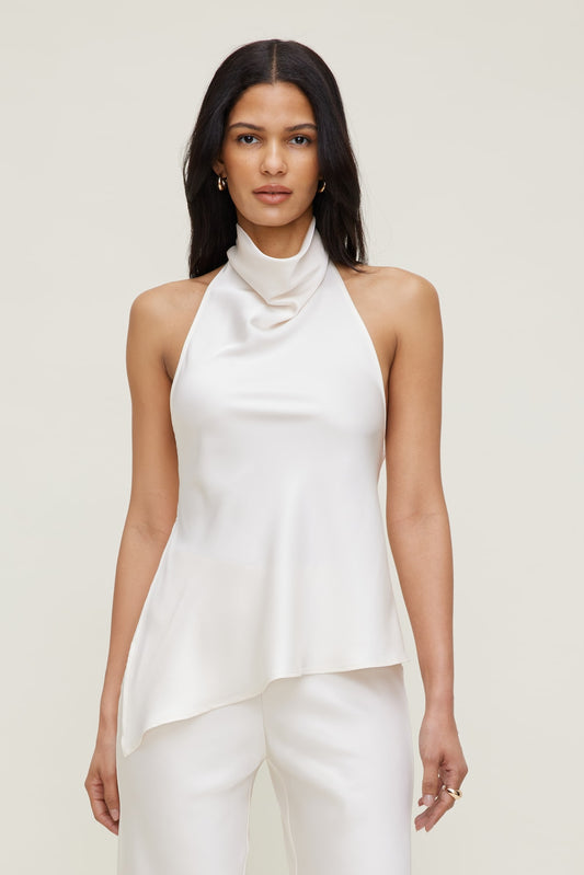 Asymmetric Satin Halter Blouse Beige - Dynamite